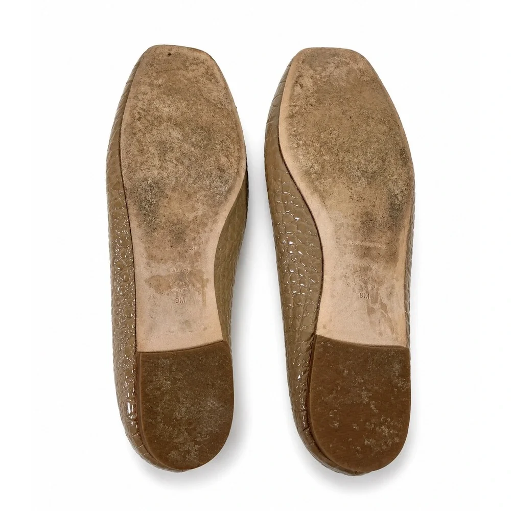 Tory Burch Ballet Flats Women 9M Tan Good Croc Embossed Logo Square Toe